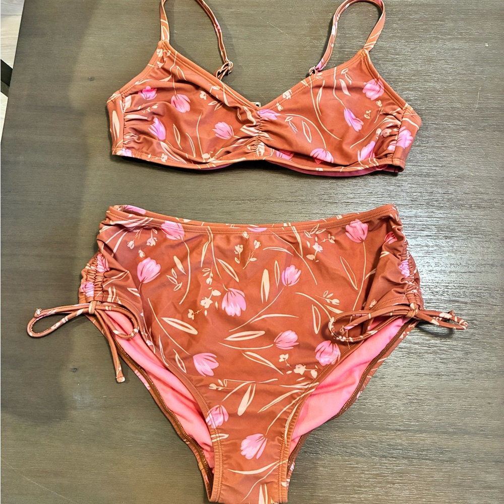 High-Waist Floral Bikini Set in Rust Pink